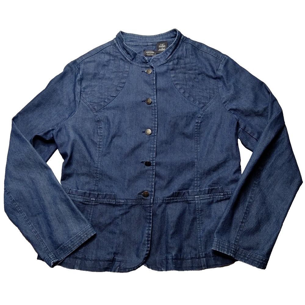 nicole by Nicole Miller‎ Women 16 Blue Cotton Flex Button-Up Denim Jean Jacket